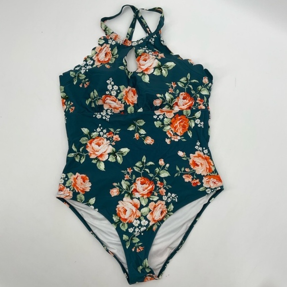 Cupshe Teal Floral Scalloped One Piece‎ Swimsuit Size XXL G13